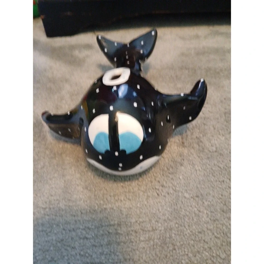 Vintage Whale Coin Bank Pati Hand Painted Porcelain China Black